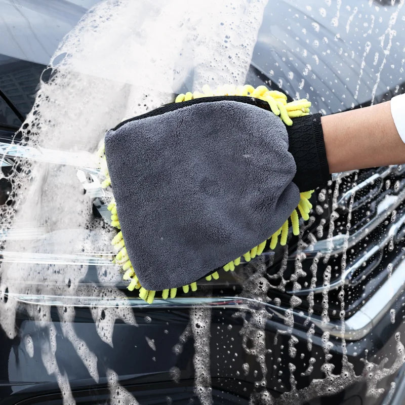 2 In 1 Coral Fleece Car Wash Gloves Thickened Cars Cleaning Gloves Absorbent Brush Gloves Auto Detail Care Cleaning
